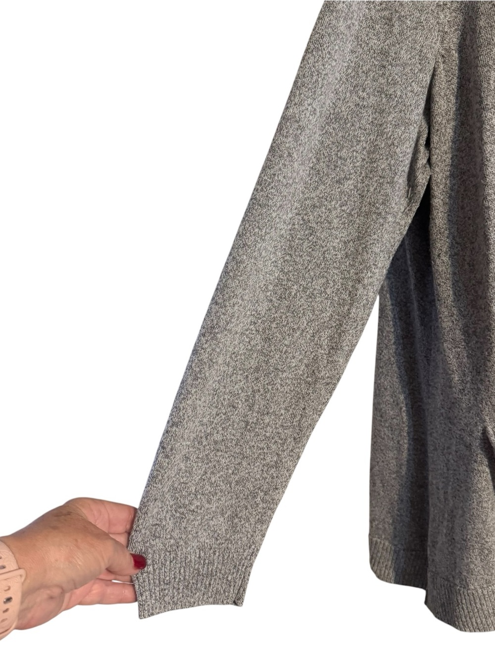 LOGO  Gray Button Front Cardigan with Cream Lace Trim Linen Blend - Picture 3 of 12